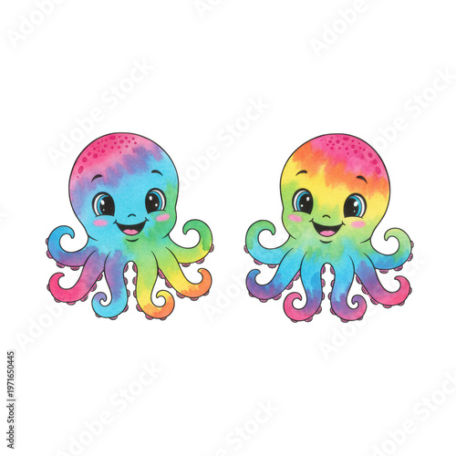 Two adorable, stylized watercolor octopuses with cheerful smiles, rendered in vibrant rainbow colors showing pigment detail, isolated on a transparent background, children's media concept