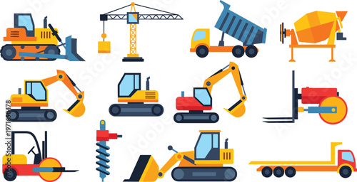 Construction Machinery Flat Icons Set with Excavator Crane Truck Mixer and Heavy Equipment