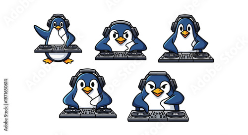 Cartoon penguins d jing on white background creative concept