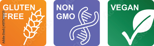 Gluten free. Non Gmo. Vegan. label vector icon. Badges for products