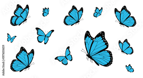 A collection of vibrant blue butterflies scattered across a white background