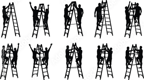 Ladder teamwork silhouette collection, cooperation outline figure, support motif illustration, construction icon art, balance design graphic, coordination posture symbol image