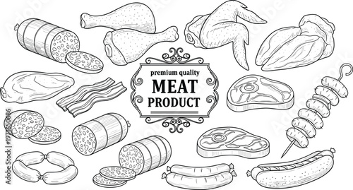 Meat product illustration set, premium quality artwork, butcher shop vector design, sausage steak chicken drawing, food packaging graphic composition