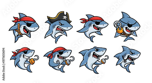 Cartoon sharks with pirate accessories vector illustration