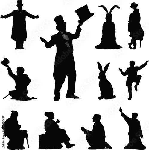 A collection of enchanting black silhouettes featuring various magic show performers, a mysterious rabbit, and theatrical characters in dynamic poses, perfect for creative design projects.