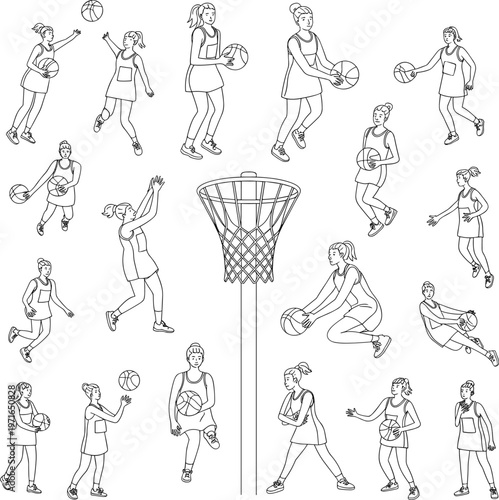 Black and white line of people performing various household chores and activities cleaning de