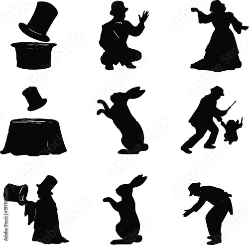 A captivating collection of diverse silhouette illustrations depicting various elements of a magical performance, including magicians, rabbits, and classic trick props.