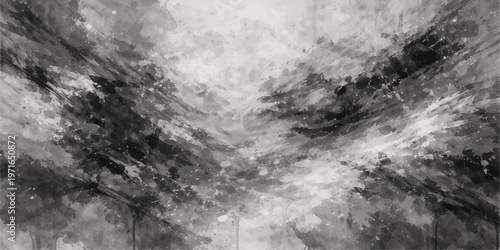 An abstract black and white background featuring a dark storm of smoke and clouds with grunge texture and misty white light