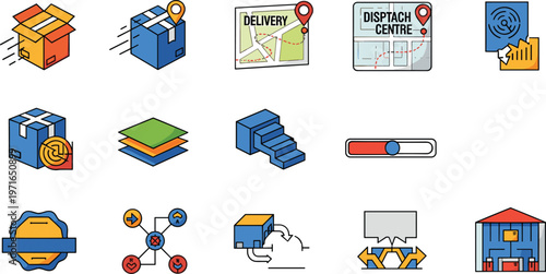 Logistics Delivery Flat Icons Set with Shipping Route Dispatch Center Warehouse and Tracking Elements