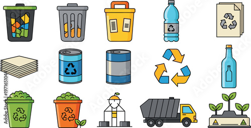 Recycling Waste Management Flat Icons Set with Trash Bins Plastic Paper and Eco Elements