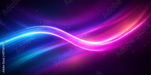 Abstract blue background vector illustration with flowing purple waves and glowing pink lines forming a light energy motion pattern design for a backdrop wallpaper texture