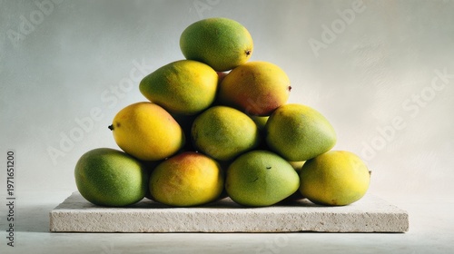 Green mango fruit pyramid still life on stone slab for design card poster background tropical food healthy market packaging and retail concept