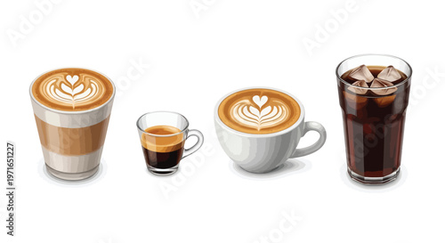Assortment of coffee beverages latte espresso and iced coffee displayed