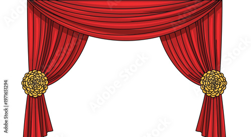 Red stage curtains with golden tiebacks create a dramatic entrance