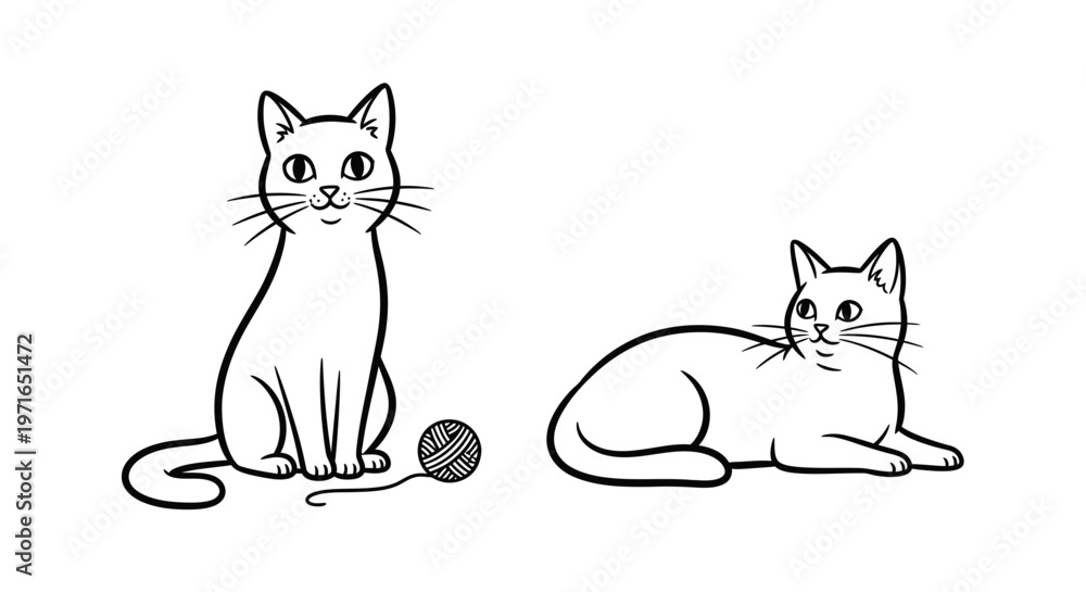 Naklejka premium Charming black and white illustration of two cats with a yarn ball displaying playful feline companionship
