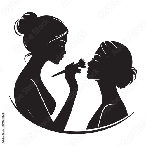Makeup Artist Applying Blush to Woman – Beauty Salon Silhouette Vector Illustration