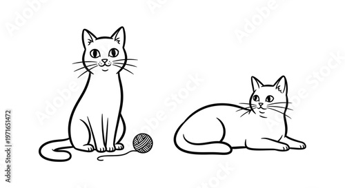 Charming black and white illustration of two cats with a yarn ball displaying playful feline companionship
