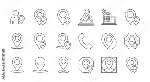 Collection of minimalist line icons representing location people and communication concepts in a clean design