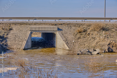 Spring flood water flowing through concrete culvert pipe under rural highway road near pine forest.