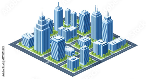 Isometric illustration depicting a dense futuristic cityscape with blue skyscrapers