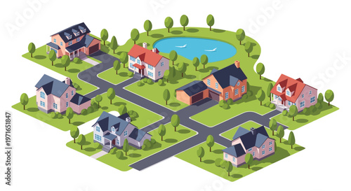 Isometric illustration of a colorful suburban neighborhood with houses and a pond