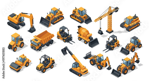 Isometric illustration depicting various construction vehicles and machinery