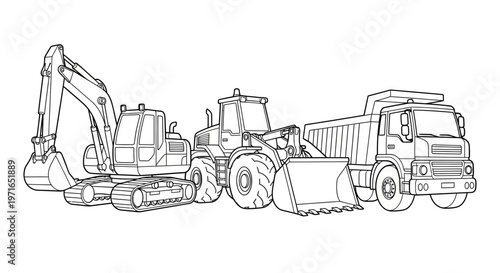 Construction vehicle lineup a detailed black and white illustration of heavy machinery for coloring and design