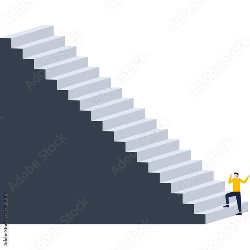 Man looking up while stepping on the first step of a long staircase representing the start of a career journey,


