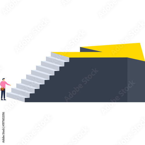 Man walking toward a staircase built into a giant rising arrow representing a direct path to career success and goal achievement,

