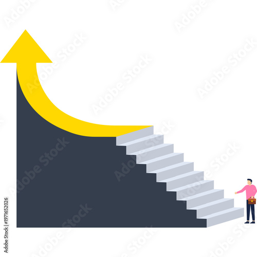 Man walking toward a staircase built into a giant rising arrow representing a direct path to career success and goal achievement,

