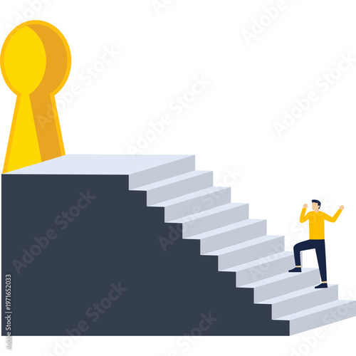 Man climbing staircase toward a glowing keyhole entrance representing career breakthroughs and unlocking professional potential,


