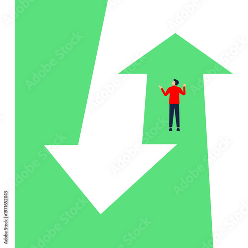 Man walking on a rising arrow path next to a large arrow shaped cutout representing opportunity gap and strategic navigation,
