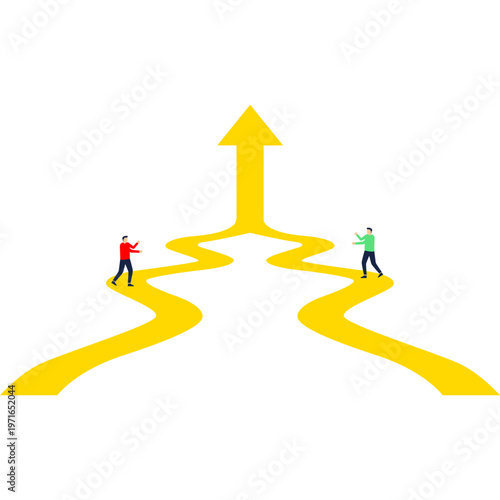 Two men walking on separate paths merging into one with an upward arrow representing business strategic alignment and team collaboration
