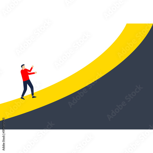 Man walking on a blue curved rising path, representing business momentum, rapid scaling, and a steep growth trajectory,

