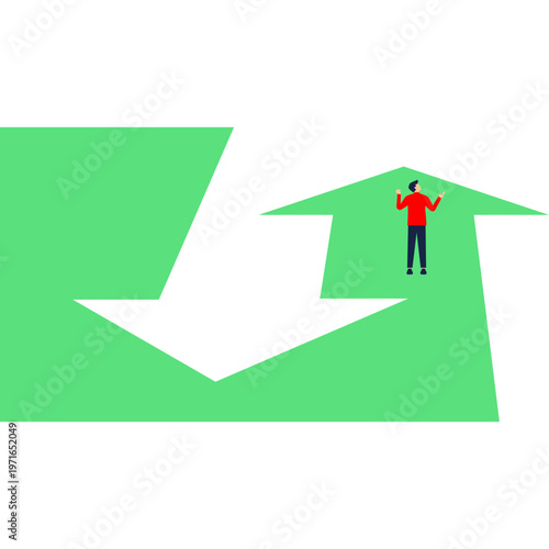 Man walking on a rising arrow path next to a large arrow shaped cutout representing opportunity gap and strategic navigation,
