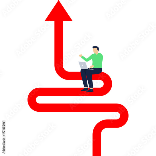 Man looking at a winding blue arrow pointing upward representing a complex journey toward success and strategic business growth,

