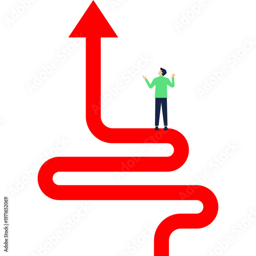 Man looking at a winding blue arrow pointing upward representing a complex journey toward success and strategic business growth,

