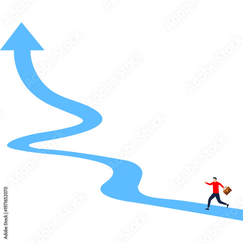Man walking on a winding path toward a large upward arrow, representing business strategy, long-term growth, and corporate success,

