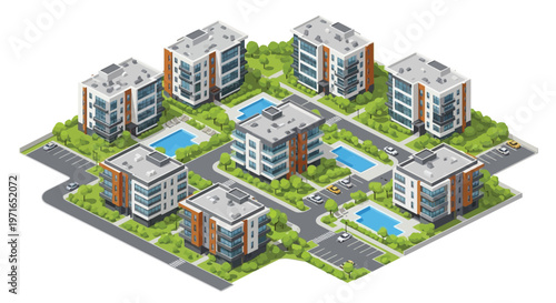 Isometric illustration depicting a modern residential complex with swimming pools