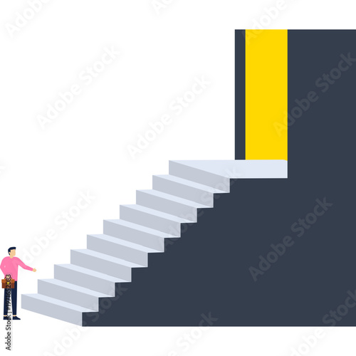 Man standing at base of long staircase leading to a towering bright open doorway representing ambitious career goals and ultimate success

