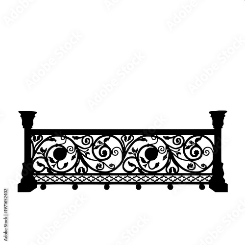 “Balcony fence silhouette with traditional balustrade design, bold black shape, minimalistic vector art, centered composition”