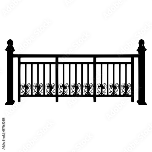 “Balcony fence silhouette with traditional balustrade design, bold black shape, minimalistic vector art, centered composition”