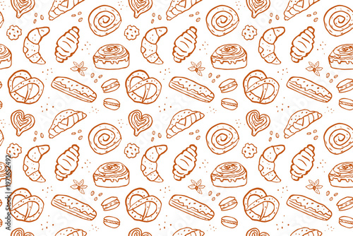Seamless pattern of Bakery. Hand drawn and chalked cookies, baroll, eclair, cake, pastries, croissant. Vintage template with pastries sketch. Fresh bakery, for Background and Wrapping Use.