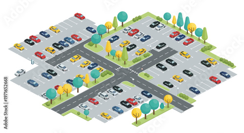 Isometric illustration of a busy parking lot with colorful vehicles