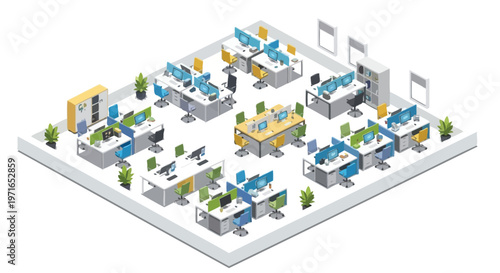 Isometric illustration of a busy modern open plan office workspace