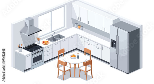 A modern minimalist kitchen interior with a dining table and appliances
