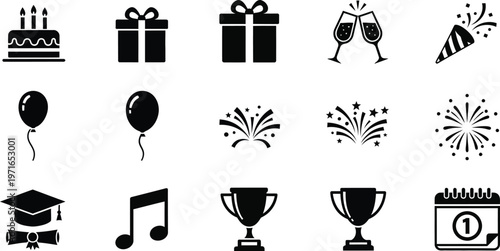 Celebration icons set a collection of black silhouette symbols representing joyful occasions and achievements