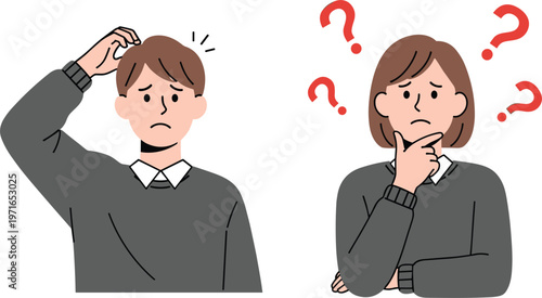 Confused Man and Woman with Question Marks Illustrations for Problem Solving, Thinking, and Uncertainty Concepts