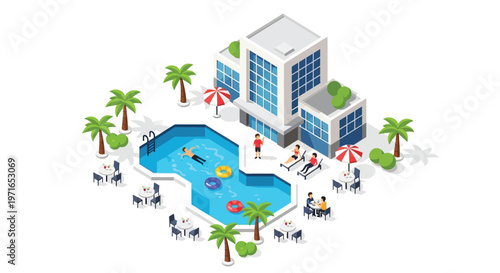 Isometric illustration of a modern hotel with a pool and surrounding leisure area