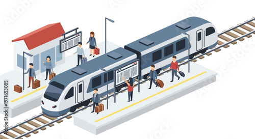 Isometric illustration of a modern train station with passengers and a train